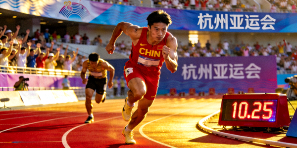 杭州亚运会赛场精彩瞬间，运动员在田径比赛中奋力冲刺