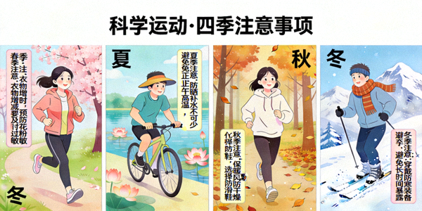 科学运动健身知识科普插图，展示不同季节户外运动的注意事项