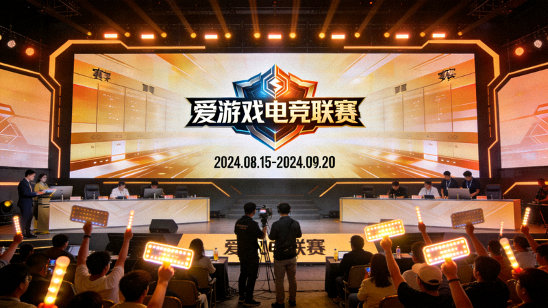 爱游戏体育平台全新电竞联赛发布会现场盛况，大屏幕展示联赛Logo与赛程