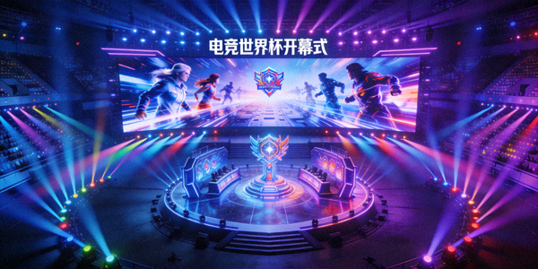 电竞世界杯开幕式现场，灯光璀璨的舞台与巨型屏幕